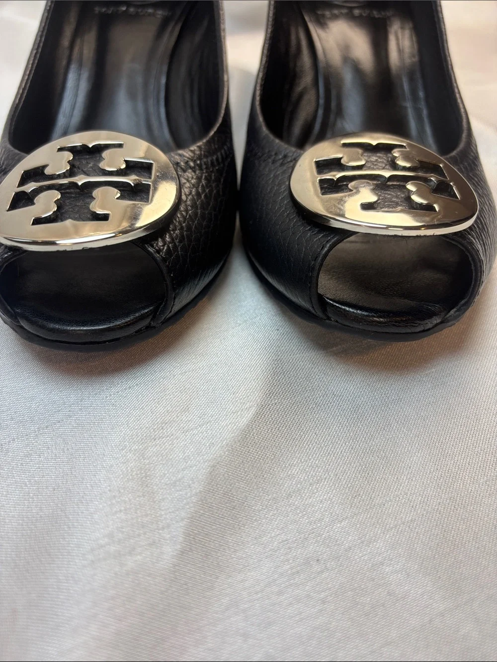 Tory Burch Black Leather Peep-Toe Wedges with Silver Logo Medallions